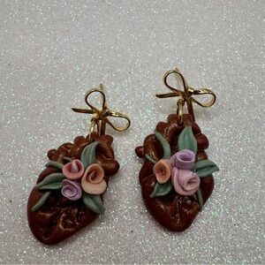Anatomy Heart Earrings with Floral and Gold Accents